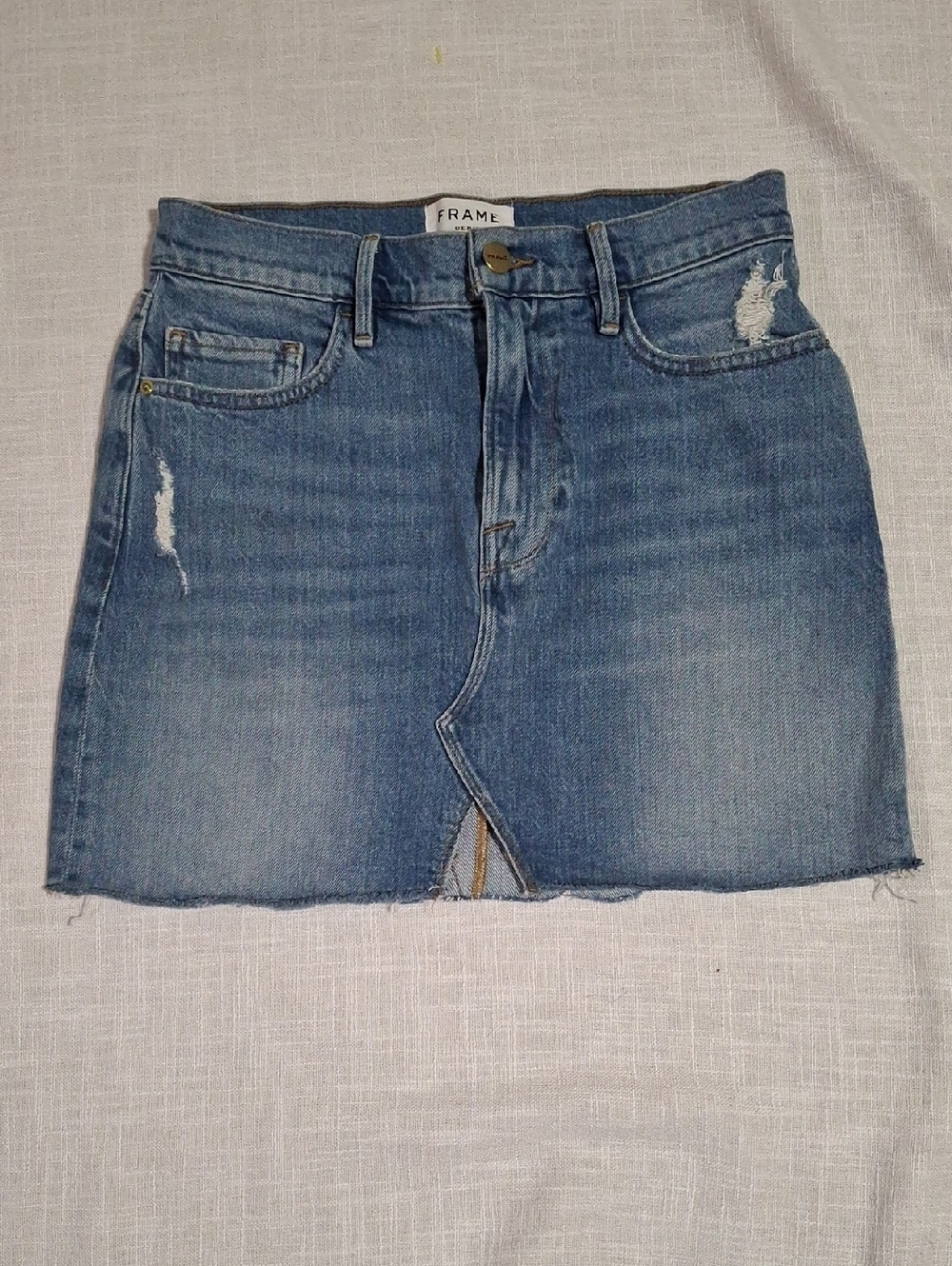 Frame Denim Medium Blue Distressed Notch Front Mini Skirt Size 25